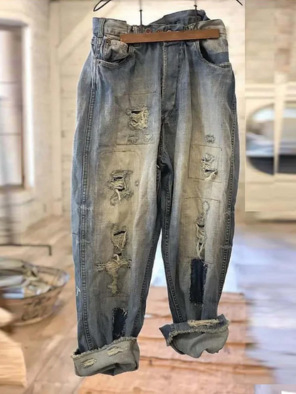 Women's Parents Aged Western Denim Lightly Washed and Aged Hollowed Out Raglan 7/10 Pants