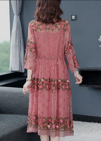 Embroidered Lace-Up Flared Sleeve Dress