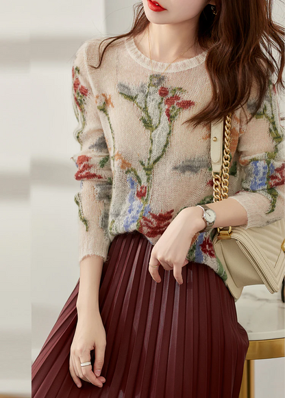French O-Neck Floral Cutout Knit Sweater