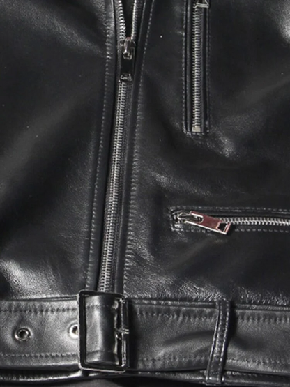 Women's Plus Size Black Lapel Patchwork Patchwork Multi-Layer Tulle Zipper Leather Jacket