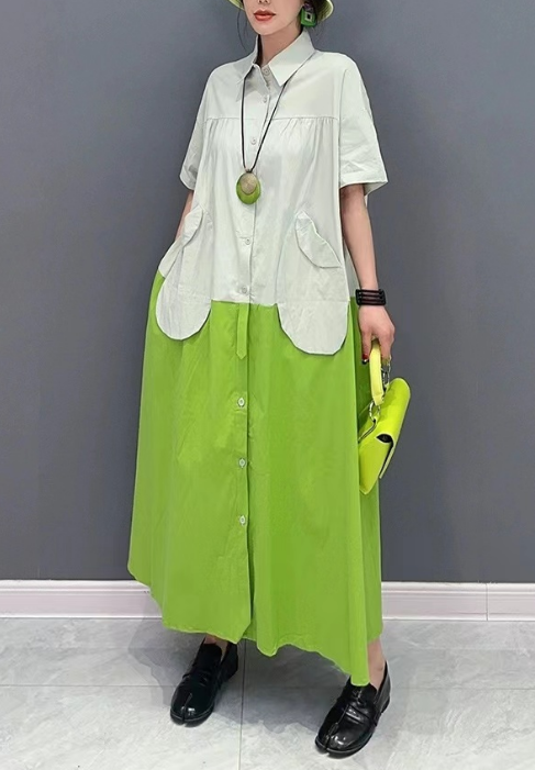 Fashion Big Patchwork Pocket Cotton Short Sleeve Shirt Dress