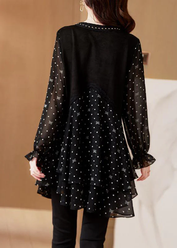 Polka dot black v-neck patchwork layered design chiffon long sleeve top