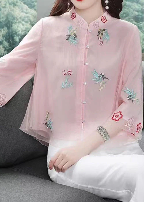 Women's Pink Standing Neck Embroidery Patchwork Chiffon Top