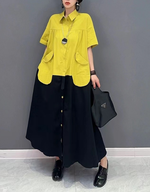 Fashion Big Patchwork Pocket Cotton Short Sleeve Shirt Dress