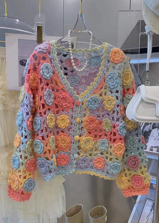 Women's Rainbow V-Neck Cutout Knit Sweater Winter