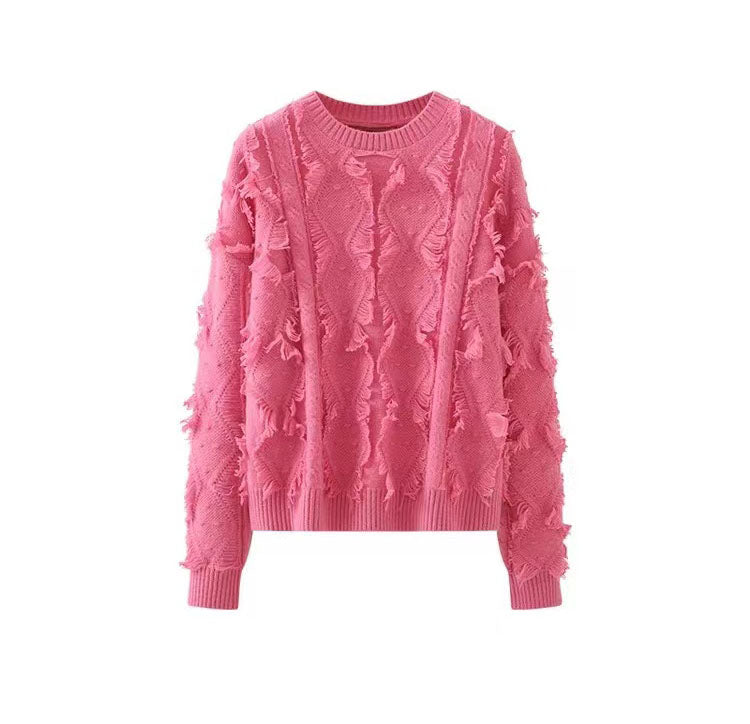 Pullover Pink Fringed Knit Sweater