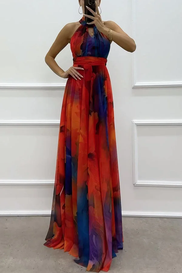 French Women's Large Tulle Floral Printed Hollow Out Halter Tie Long Dresses