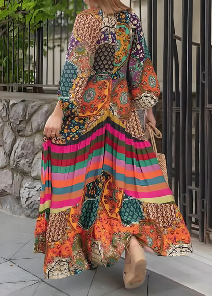 Vacation Boho V Neck Color Block Print Cotton Maxi Dress Spring