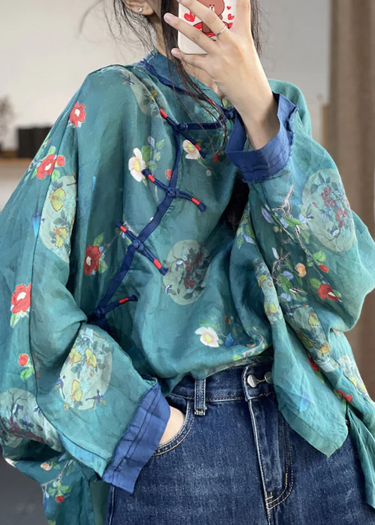 Loose Button Print Cotton Colorblocked Shirt