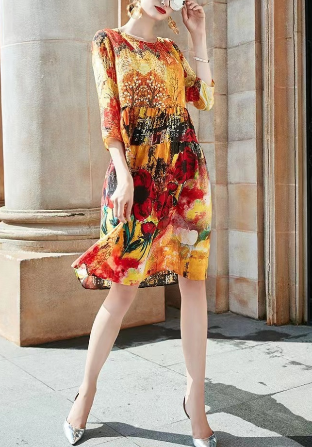 French Round Neck Printed Silk Short Sleeve Hem Dress