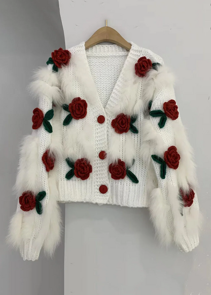 Women's Floral V-Neck Button Down Patchwork Knit Cardigan