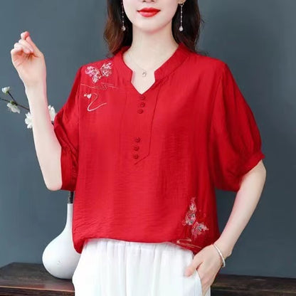 Loose Standing Collar Embroidered Button Cotton Short Sleeve Shirt Top