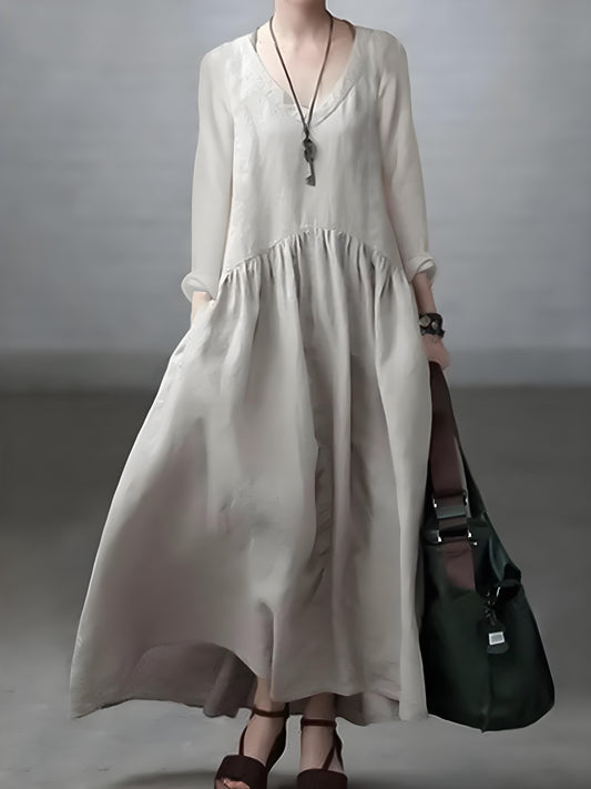 Loose V-Neck Cotton Linen Long Sleeve Dress