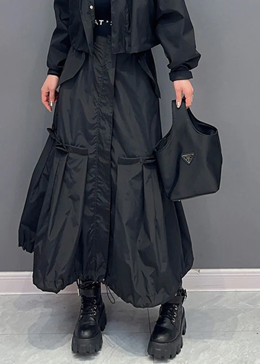 Fashion Patchwork Stretch Waist Solid Color Pleated Long Skirt