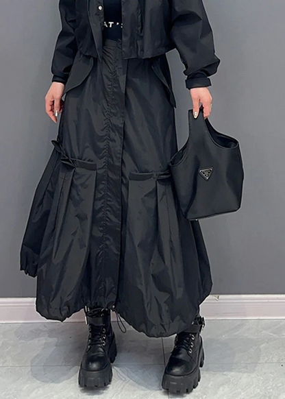 Fashion Patchwork Stretch Waist Solid Color Pleated Long Skirt