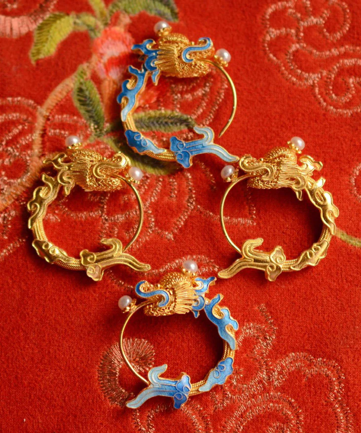 Chinese Style Gold Copper and Gold Plated Pearl Hoop Earrings