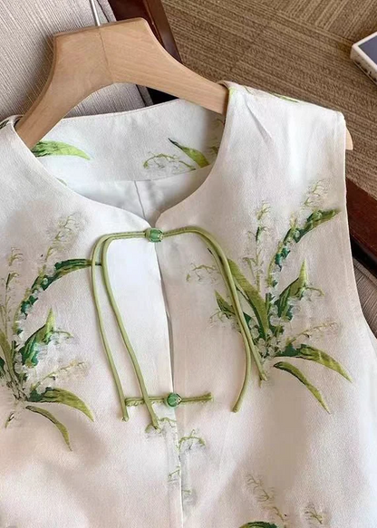 Chinese White Embroidered Chinese Button Silk Vest Sleeveless
