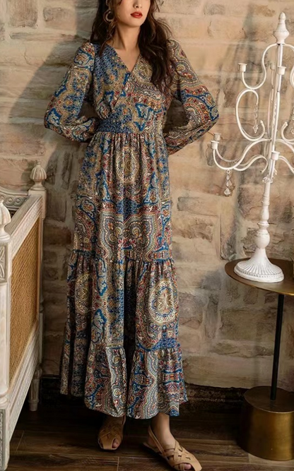 Loose V-Neck Printed Beach Long Sleeve Long Dresses