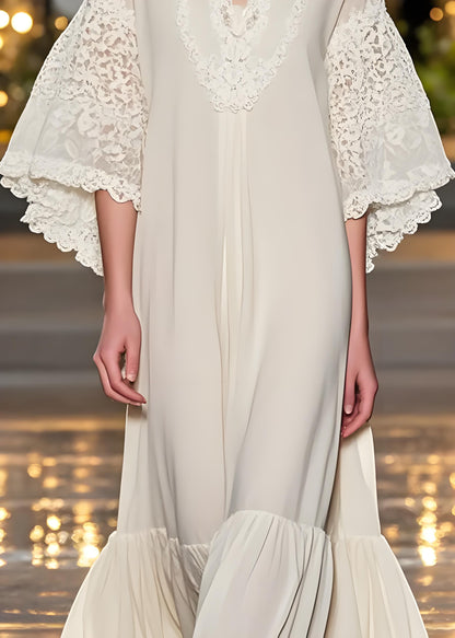 Women's Beach Bohemian White V-Neck Patchwork Lace Dress