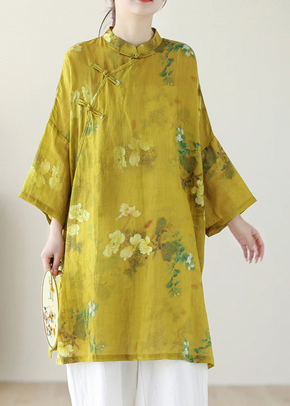 Loose Standing Collar Printed Button Linen Long Sleeve Long Shirt