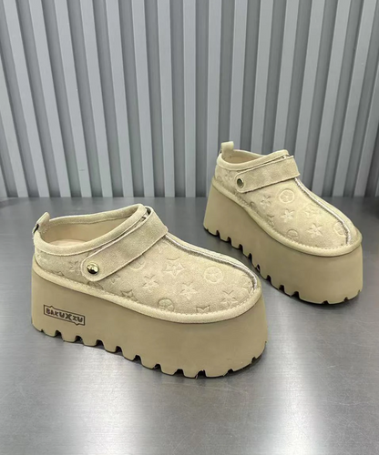 Women's Light Camel Suede Embossed Patchwork Thick Sandals