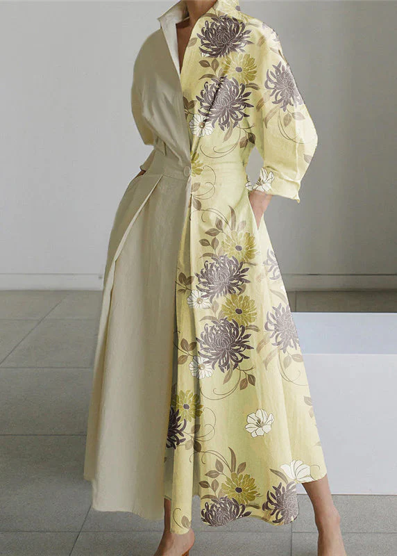 Apricot Floral Peter Pan Collar Pocket Long Sleeve Dress