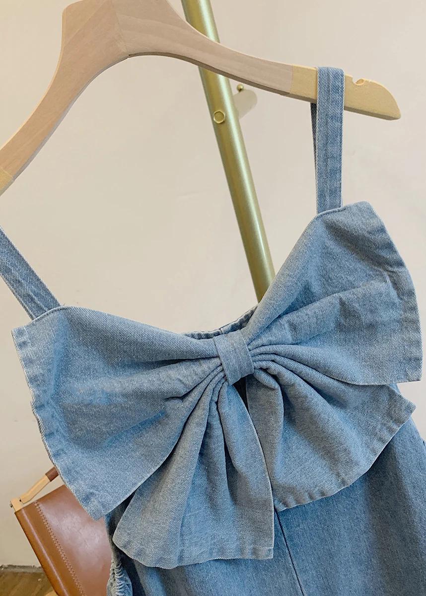Women's Blue Patchwork Party Bow Denim Jumpsuit