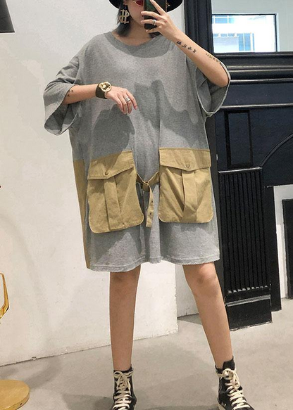 Women's Patchwork Large Pocket Cotton Dress Spring Summer