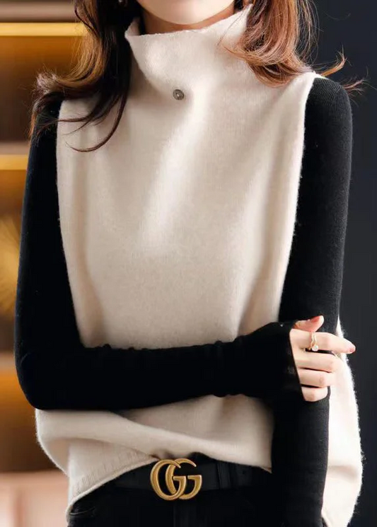 Women's Plus Size High Neck Patchwork Wool Knit Sleeveless Vest