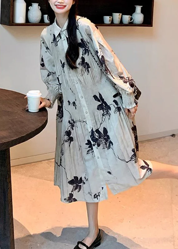 Women's Ruched Printed Button-Neck Long Dress