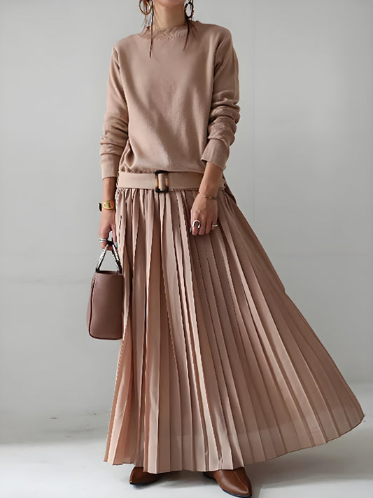 Women's Round Neck Belt Solid Color Pullover Knit Patchwork Long Sleeve Pleated Dress Spring