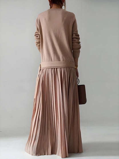 Women's Round Neck Belt Solid Color Pullover Knit Patchwork Long Sleeve Pleated Dress Spring