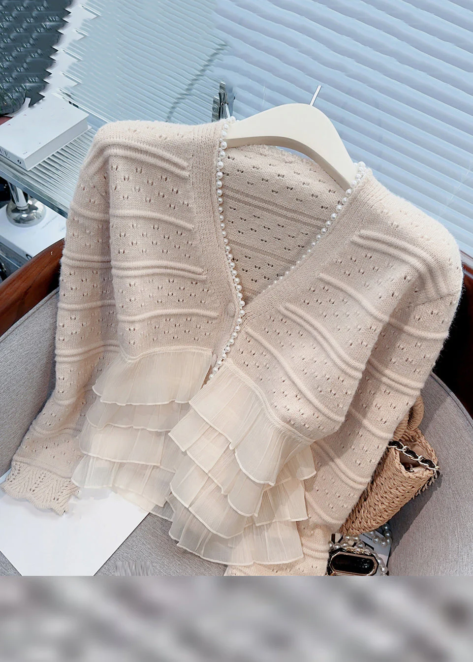 Elegant Women's Khaki Ruffle Pearl Patchwork Knit Cardigan