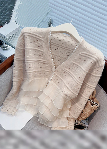 Elegant Women's Khaki Ruffle Pearl Patchwork Knit Cardigan
