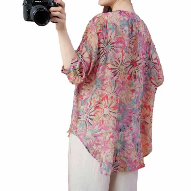 French Print Cardigan V Neck Cotton Short Sleeve Shirt Top