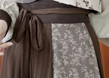 Elegant Printed Spliced Stripe Tie Pleated Skirt