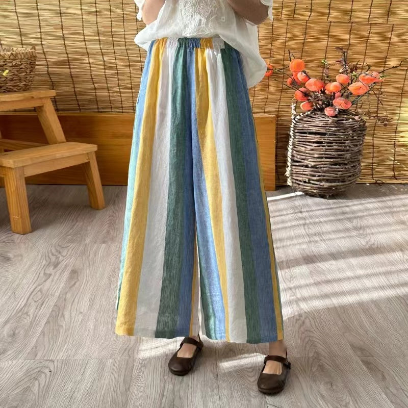 Casual Colorful Oversized Striped Cotton Wide Leg Pants