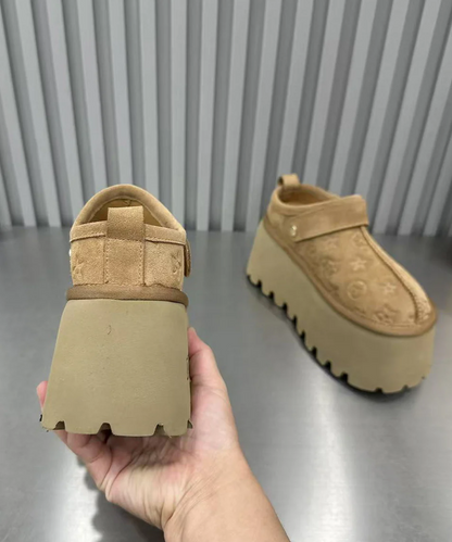 Women's Light Camel Suede Embossed Patchwork Thick Sandals