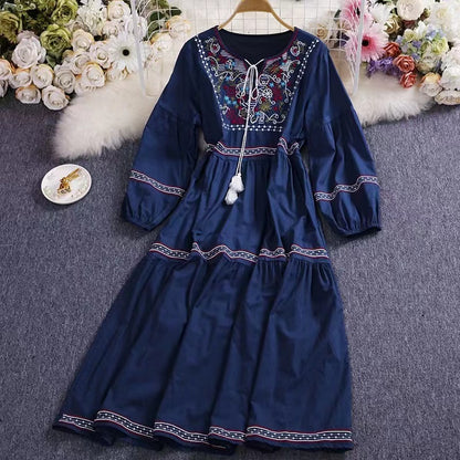 Bohemian Tie Embroidered Sun Screen Long Sleeve Patchwork Dress