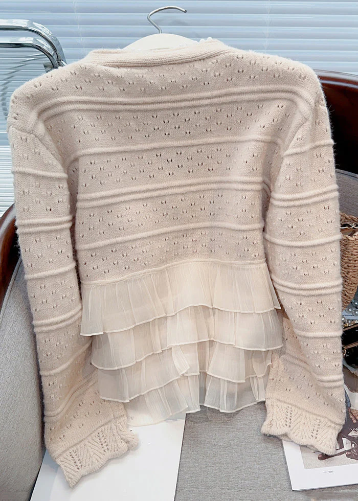 Elegant Women's Khaki Ruffle Pearl Patchwork Knit Cardigan