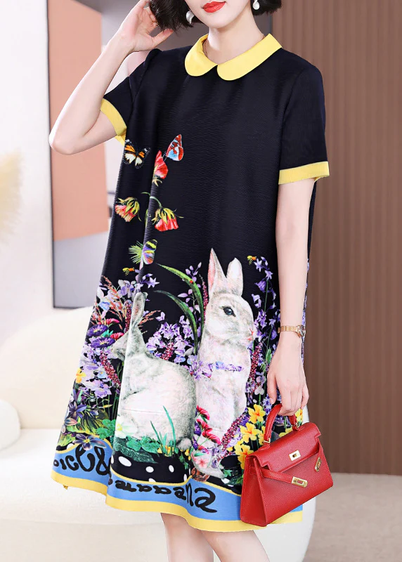 Colorblocked Round Neck Printed Long Short Sleeve Dress