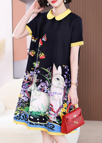 Colorblocked Round Neck Printed Long Short Sleeve Dress