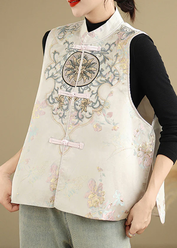 Chinese Original Apricot Embroidered Cotton Vest Sleeveless
