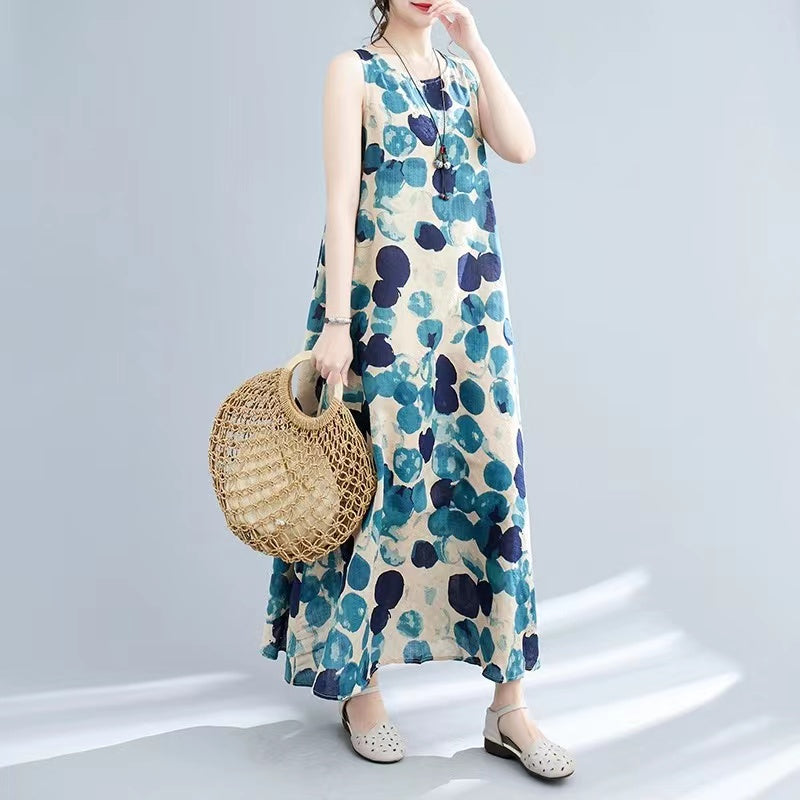 Simple Printed Polka Dot Sleeveless Long Dress
