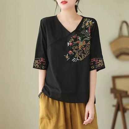 Loose V-Neck Embroidered Short Sleeve Shirt Top
