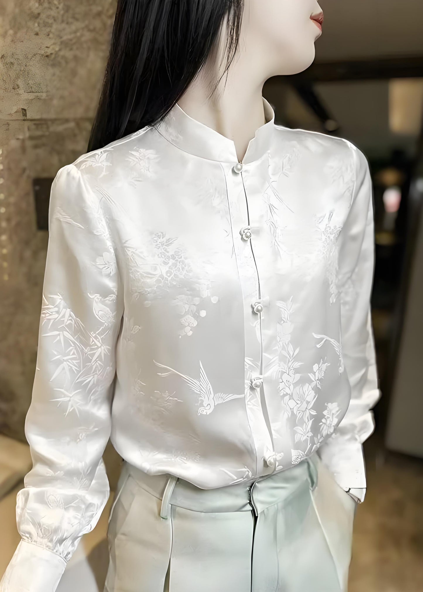 China Champagne Standing Collar Silk Shirt Spring