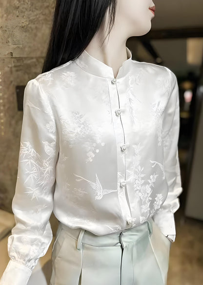 China Champagne Standing Collar Silk Shirt Spring