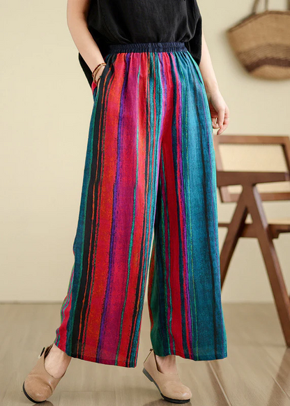 Women's Red Colorblocking Pocket Stripe Linen Wide Leg Pants Summer