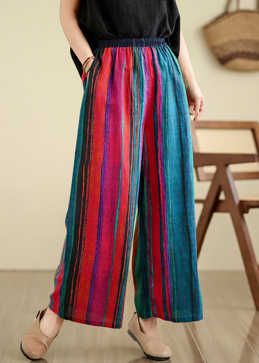 Women's Red Colorblocking Pocket Stripe Linen Wide Leg Pants Summer