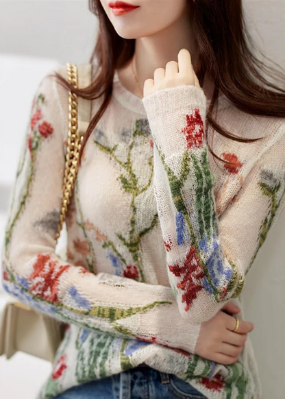 French O-Neck Floral Cutout Knit Sweater